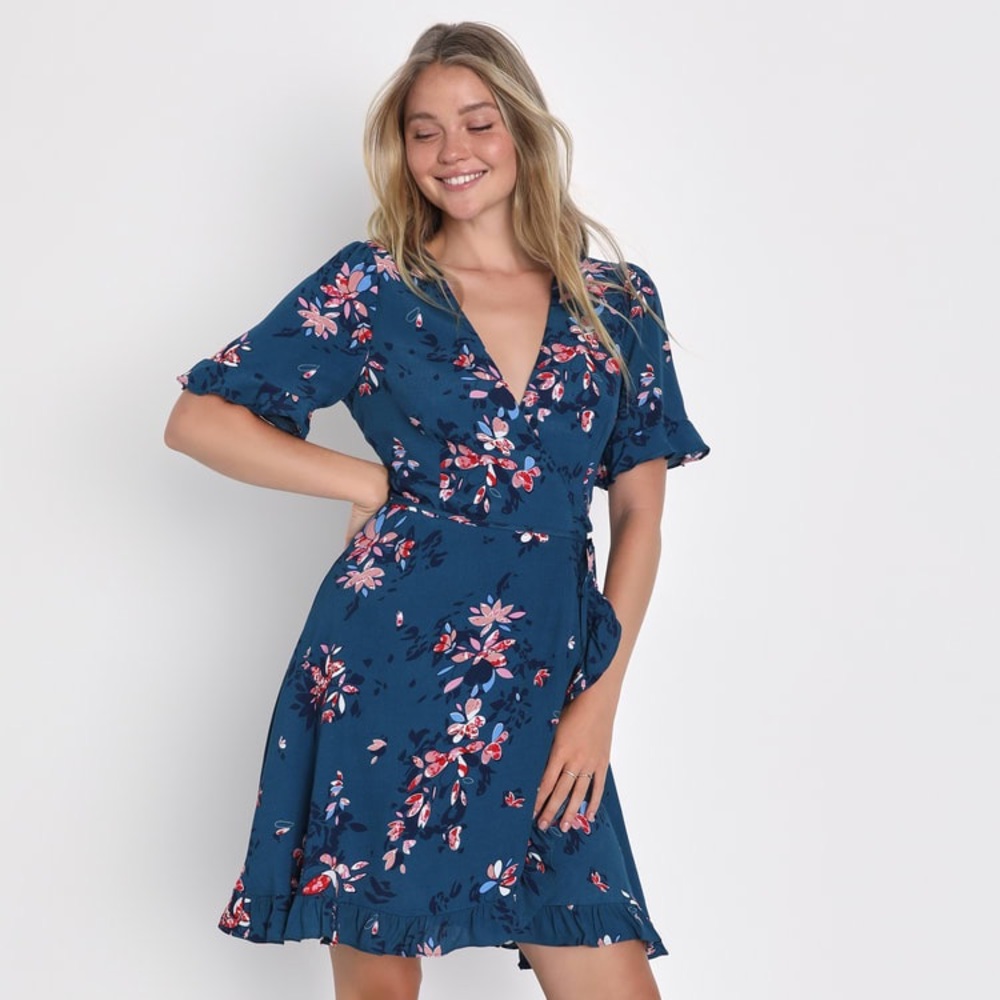 Teal Blue Floral Wrap Dress